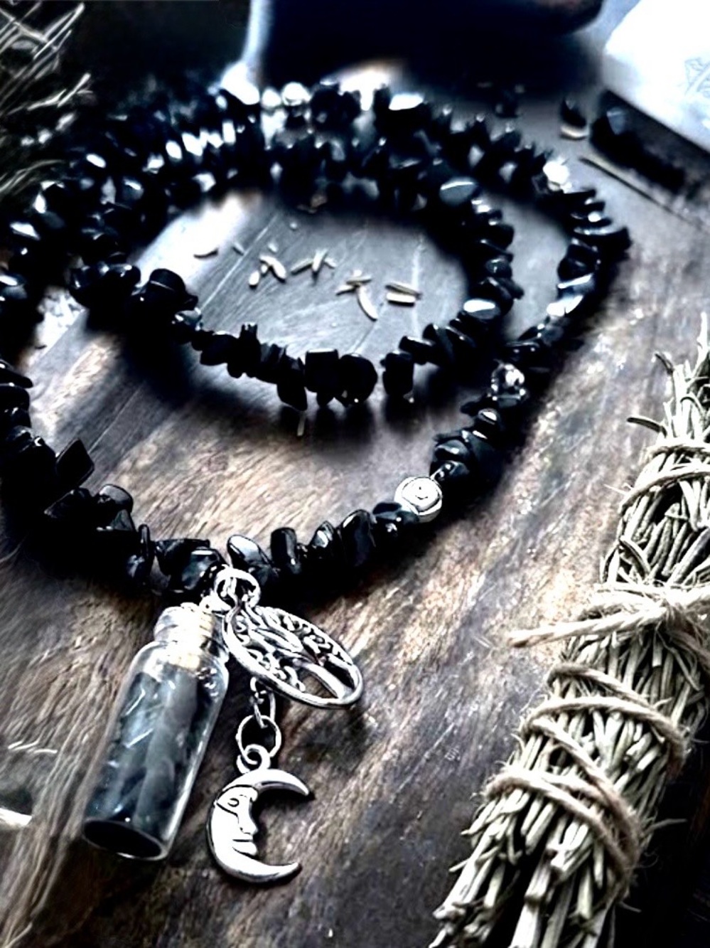 Artisan Black Jasper Necklace with Moon Vial and Crescent Charm